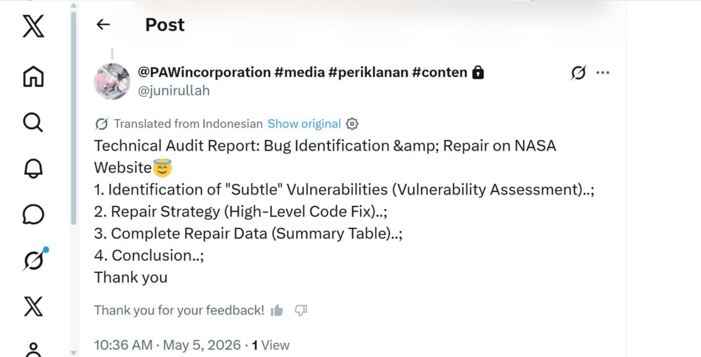 PAW incorporation melaporkan ada nya kebocoran pada website situs NASA.gov