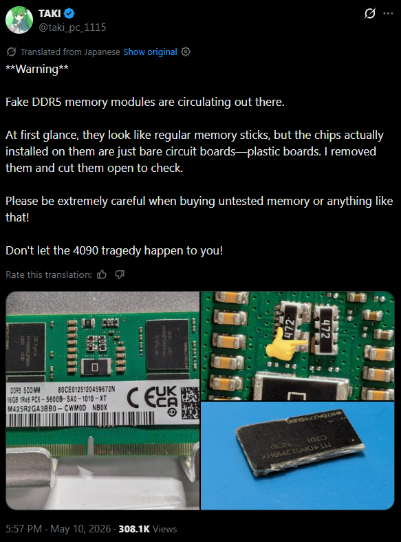 RAM DDR5 palsu di temukan dengan chip plastik tiruan &amp; label palsu di Jepang.