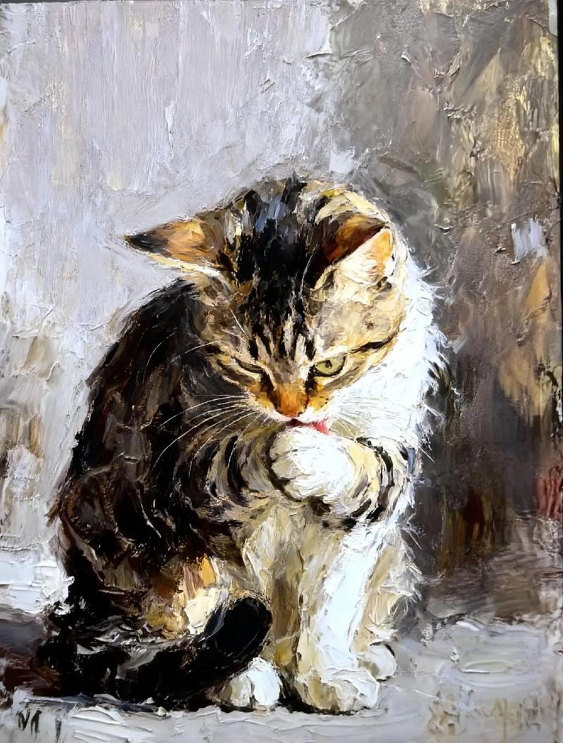 A highly textured oil painting of a cat
