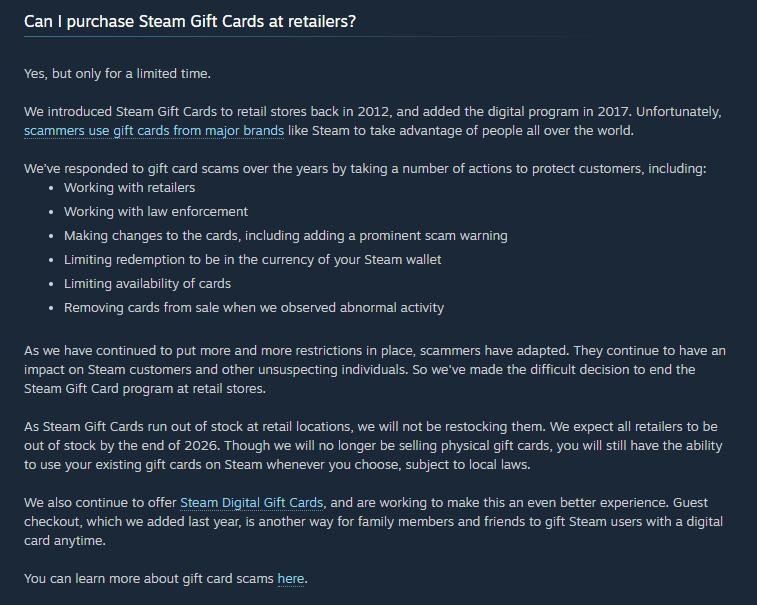 Maraknya kasus penipuan, Valve resmi hentikan penjualan Steam Gift Card Fisik!