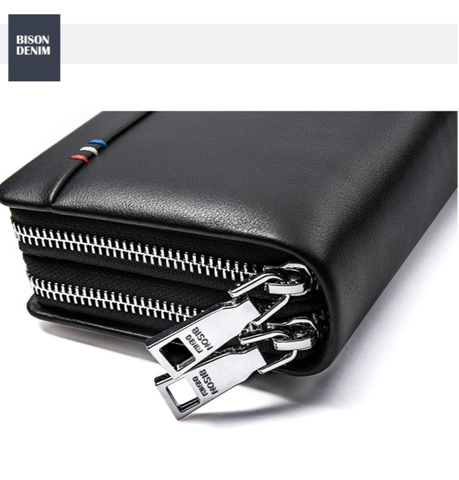 BISON DENIM Clutch Dompet Pria Dual Zipper Leather Kulit Sapi Asli