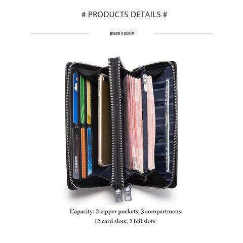 BISON DENIM Clutch Dompet Pria Dual Zipper Leather Kulit Sapi Asli