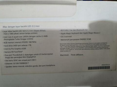 imac slim late 2015 fullset ex resmi top kondisi