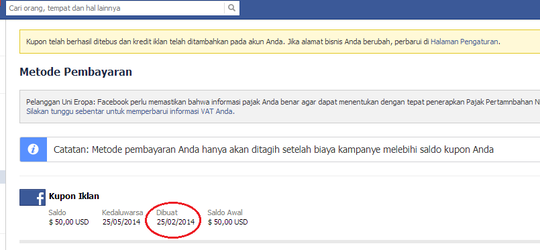 Jual Kupon FB Coupon Facebook Ads/Voucher Facebook Ads 50 $ Murah