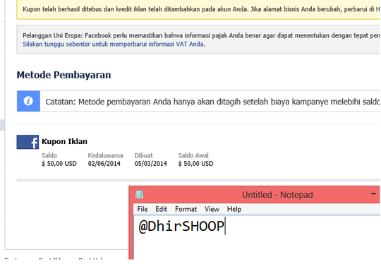 Jual Kupon FB Coupon Facebook Ads/Voucher Facebook Ads 50 $ Murah