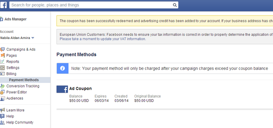 Jual Kupon FB Coupon Facebook Ads/Voucher Facebook Ads 50 $ Murah