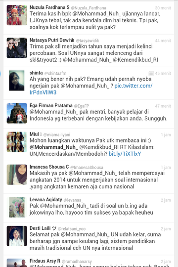 Tweets Peserta Ujian Nasional SMA/SMK/MA kepada Menteri Pendidikan dan Kebudayaan
