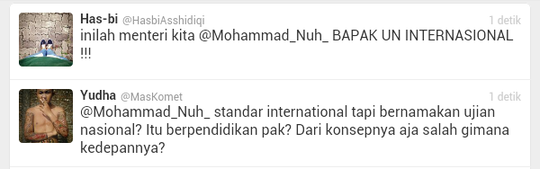 Tweets Peserta Ujian Nasional SMA/SMK/MA kepada Menteri Pendidikan dan Kebudayaan