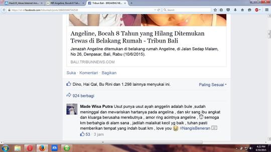 RIP.Angeline, Bocah 8 Tahun yang Hilang Ditemukan Tewas di Belakang Rumah