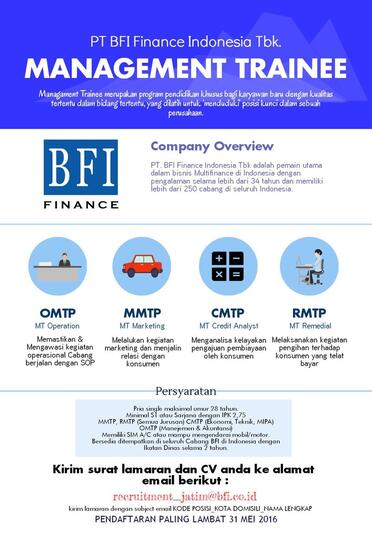 Lowongan Kerja Malang - Management Trainee PT BFI Finance Indonesia Tbk