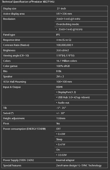ACER PREDATOR XB271HU, IPS 144Hz GAMING 