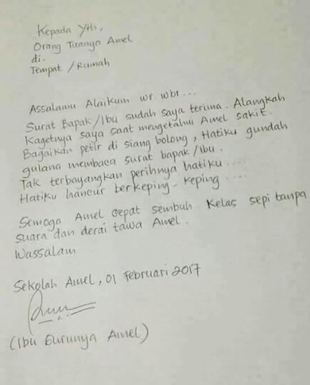 Heboh dan Viral, Surat Ijin Sakit Amel yang Dibalas Gurunya Lebih Dramatis