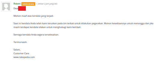 Bantuan Tokopedia yang sangat lambat dan tidak membantu