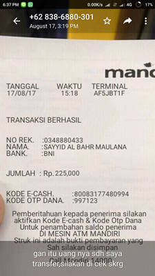 Satu lagi penipuan dengan modus mandiri e cash. Tsk Chaesar Yolan Adhitya