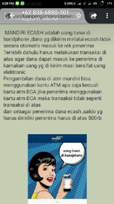 Satu lagi penipuan dengan modus mandiri e cash. Tsk Chaesar Yolan Adhitya