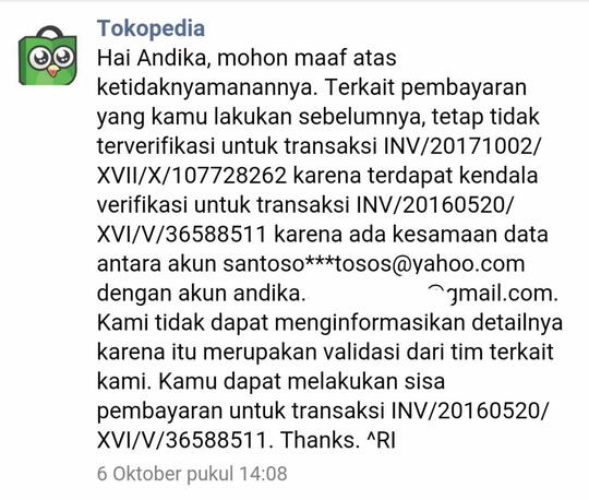 Penagihan atas transaksi yang tidak pernah ane lakukan di Tokopedia