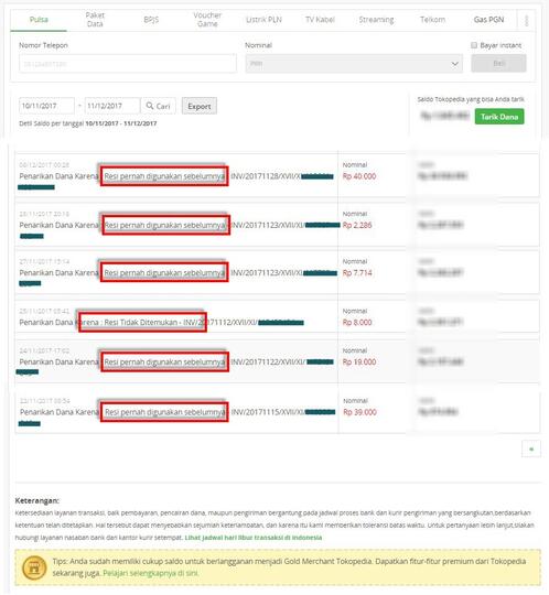 Pemotongan saldo tanpa penjelasan tanpa konfirmasi oleh Tokopedia