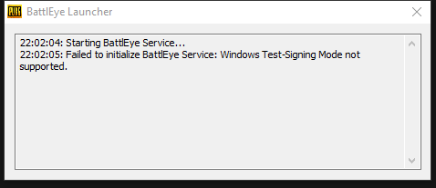 Failed to initialize перевод. Failed to initialize BATTLEYE service: Windows Test-signing Mode not supported.. BATTLEYE service. Ошибка при запуске ПАБГ failed to initialize BATTLEYE service: Windows Test-signing Mode not supported.. Failed to initialize BATTLEYE service Driver load Error 577 PUBG исправить.