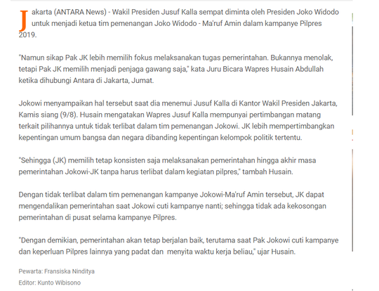JK tolak tawaran Jokowi jadi ketua tim pemenangan