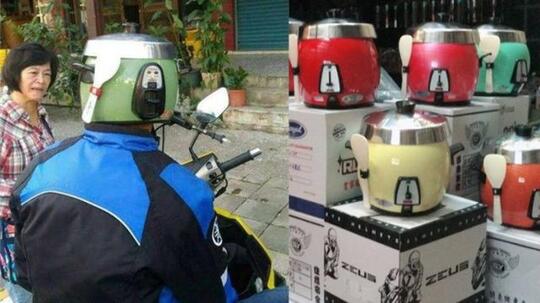 Kocak, Wanita Ini Gunakan Panci Rice Cooker Sebagai Helm