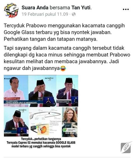 Beredar Info Prabowo Gunakan Kacamata Google Glass saat Debat Pilpres, Benarkah?