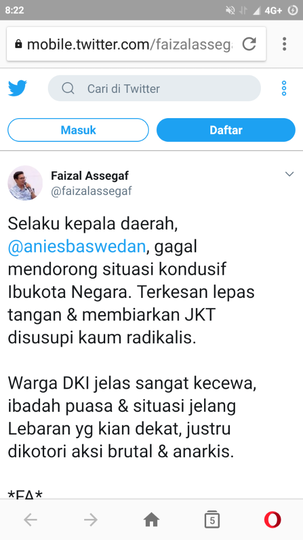 Anies Baswedan Dituding Gagal Buat Jakarta Kondusif