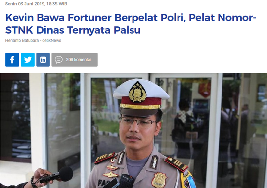 Mabes Polri: Pelat-STNK Dinas Polri di Mobil Fortuner Kevin Kosasih Asli!