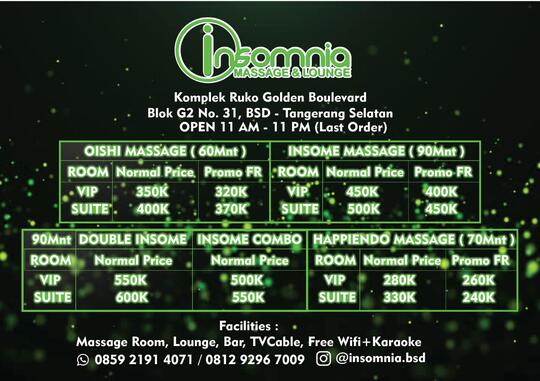 New Insomnia Massage & Lounge BSD-Tangsel (Ruko Golden Boulevard. blok G2 No. 31-32)