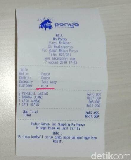 Viral Struk 'Customer Cina', RM Ponyo Malabar Bandung Angkat Bicara
