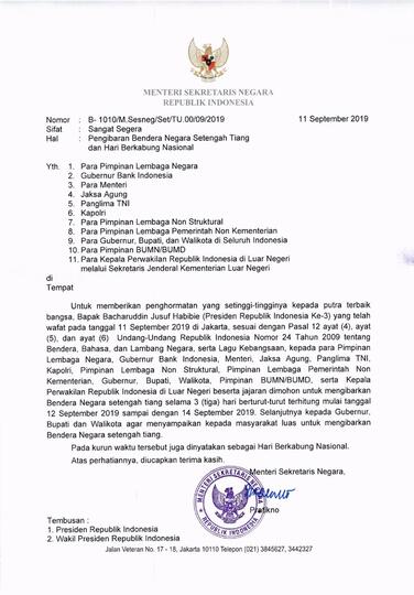 BJ Habibie Meninggal, Pemerintah Serukan Pengibaran Bendera Setengah Tiang 3 Hari