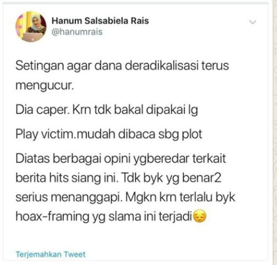Hanum Rais Dilaporkan ke Polisi karena Twit Dana Deradikalisasi
