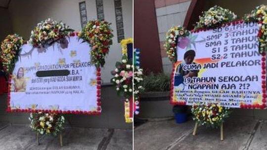 Istri Sah Labrak Pelakor yang Sedang Wisuda S2 dengan Karangan Bunga! Parah Gak Gan?