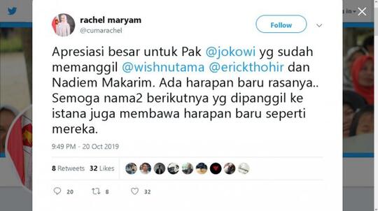 Rachel Maryam Apresiasi Jokowi, Warganet Curiga Akunnya Diretas