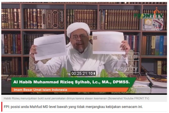 Mahfud Minta Surat 'Pencekalan' Rizieq Shihab, FPI: Anda Level Bawah