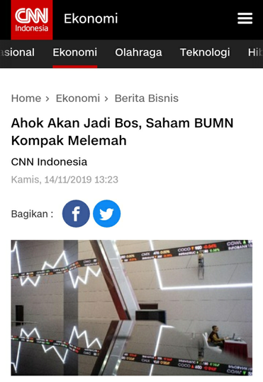 Ahok Akan Jadi Bos, Saham BUMN Kompak Melemah