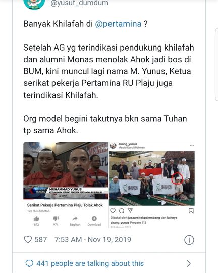 Ketua Serikat Pekerja Pertamina Plaju, M. Yunus Juga Terindikasi Khilafah