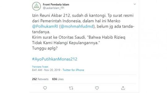 #AyoPutihkanMonas212 Trending, FPI Mengaku Sudah Kantongi Izin