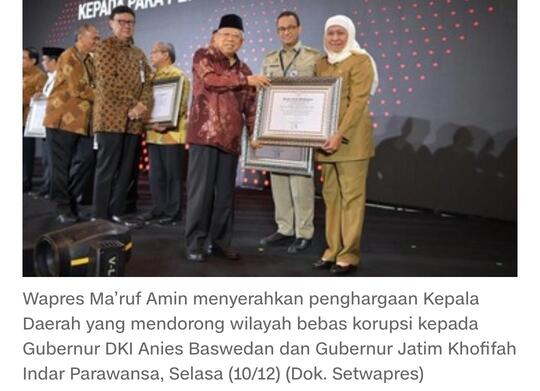 Anies Raih Penghargaan Kepala Daerah Bebas Korupsi