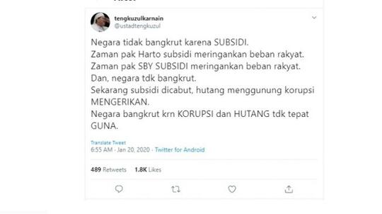 Tengku Zul Sebut Subsidi Era Soeharto dan SBY Meringankan Beban Rakyat