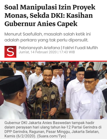 Soal Manipulasi Izin Proyek Monas, Sekda DKI: Kasihan Gubernur Anies Capek