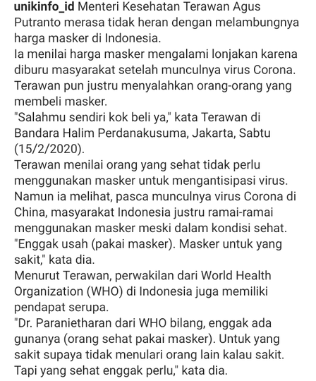 Tanggapan MenKes Ditanya Harga Masker Melonjak, "Salahmu Sendiri, Kok Beli!" Lah Kok?