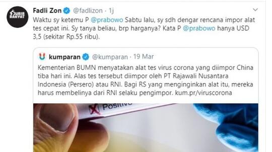 Fadli Zon Ungkap Alat Tes Cepat Corona dari Cina Hanya Seharga Rp 55 Ribu