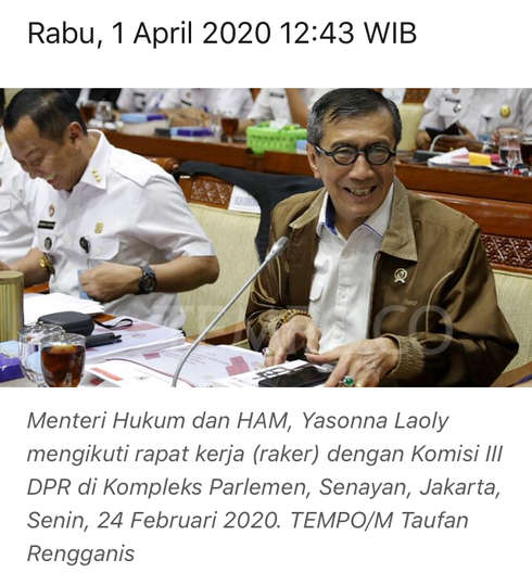 Wabah Corona, Yasonna Usul Napi Koruptor di Atas 60 Tahun Bebas