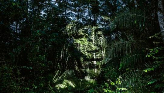 Elegan! Menggunakan Proyeksi Cahaya Ciptakan Potret Wajah di Taman Kota!