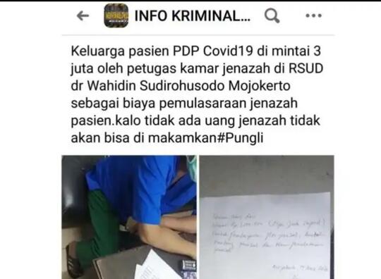Viral Pemulasaran Jenazah PDP Covid-19 Ditarik Rp 3 Juta di Mojokerto