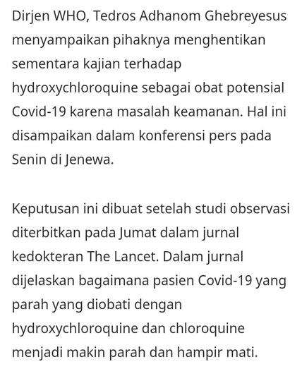 WHO Hentikan Uji Klinis Hydroxychloroquine Sebagai Obat COVID-19