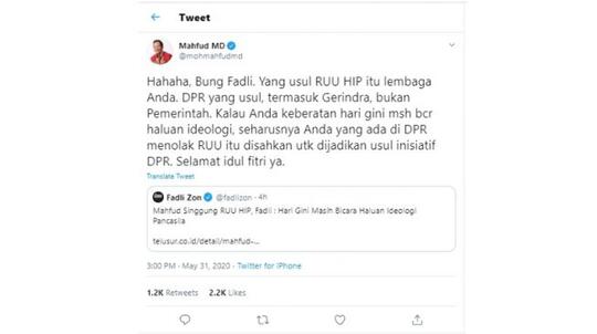 Fadli Zon Sebut RUU HIP Tak Penting, Mahfud Ketawa: Yang Usul Lembaga Anda