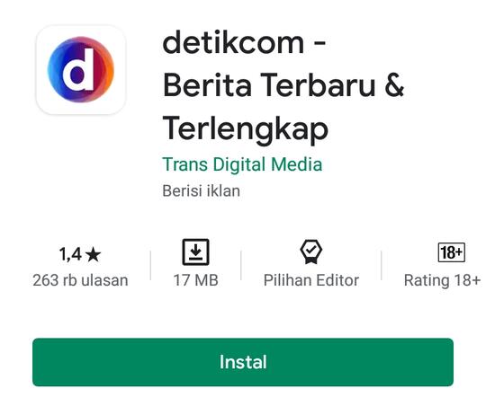Rating Detikcom di Play Store Terjun Bebas Kini 1.4 Bintang