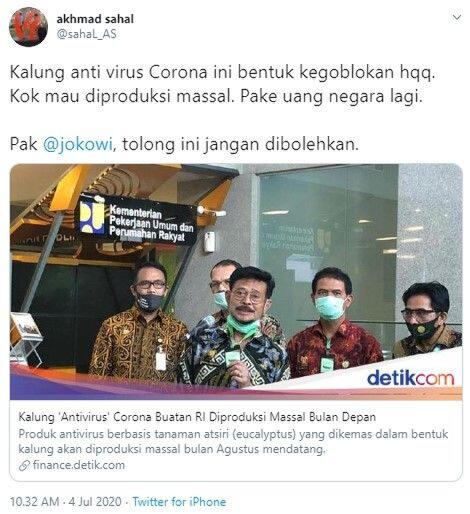 Kementan Mau Produksi Kalung Antivirus Corona, Gus Sahal: Kebodohan Hakiki