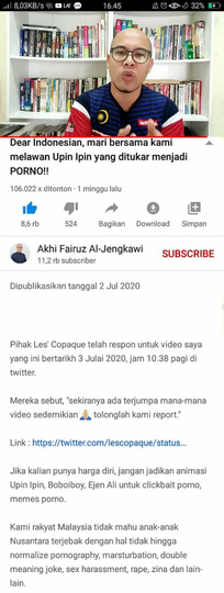Malaysia Kecam Indonesia, Gara-Gara Upin Ipin Jadi Bahan Porno